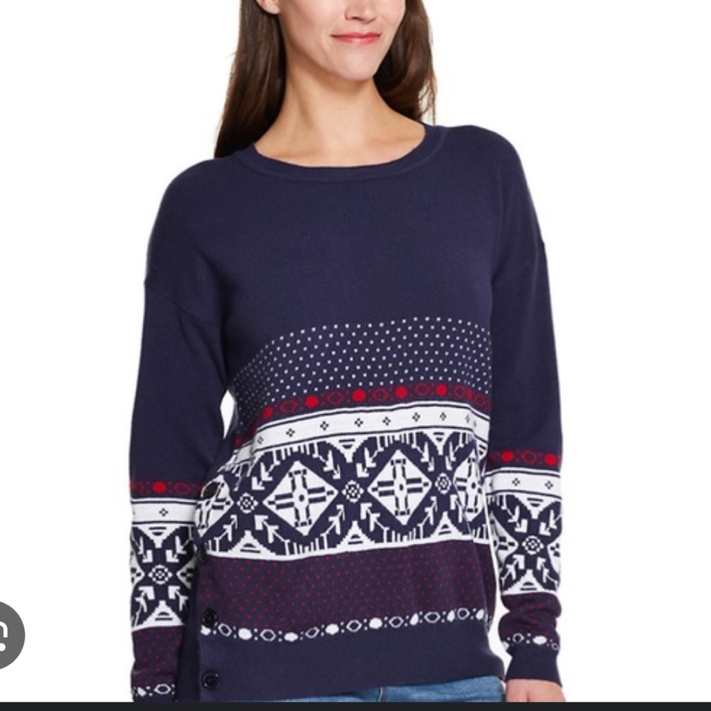 IZOD Navy Red Sweater Fair Isle Snowflake Medium